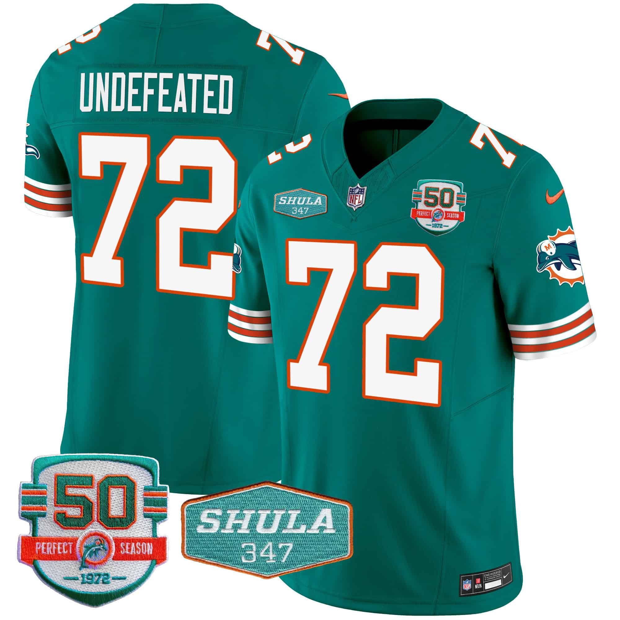 Men Miami Dolphins #72 Undefeated Green 2024 Nike Throwback Shula 347 Patch Vapor NFL Jersey style 1